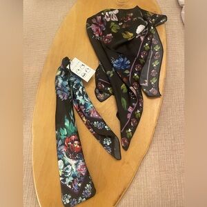 Anthropologie Black Floral Satin Neck Scarves - Set of 2. NWT